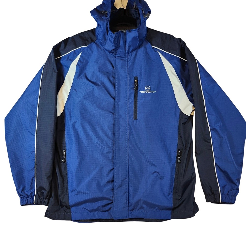 Free Country Mens Blue Colorblock Hooded Windbreaker Jacket Water Resistant L